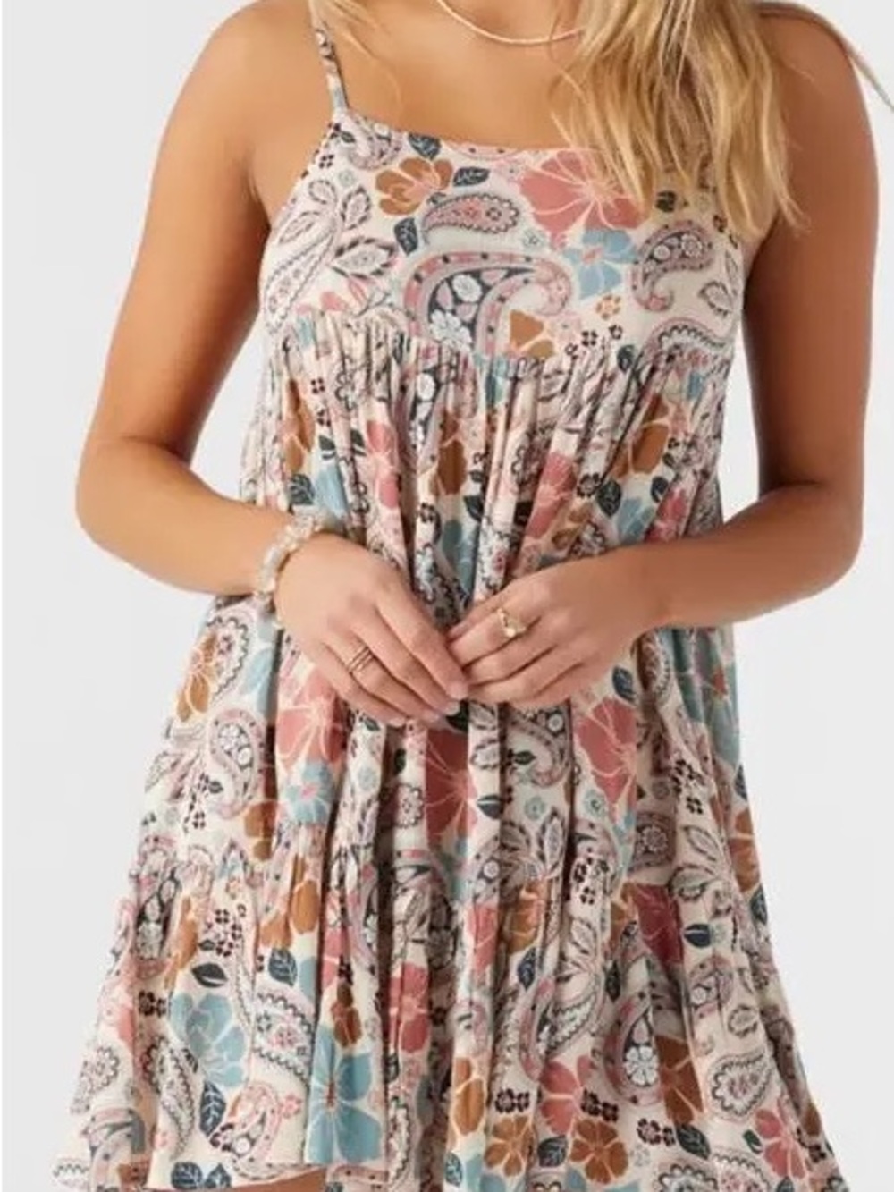 O’Neill Saltwater Essentials Rilee XS Paisley Floral Cover Up Dress Cream Beach